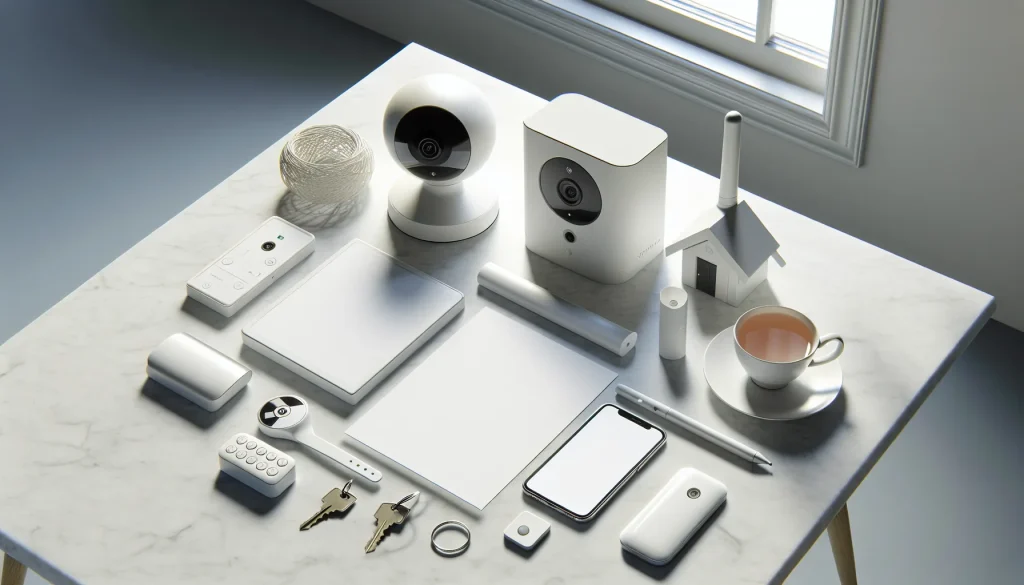 Smart home security monitoring setup with camera router and smartphone