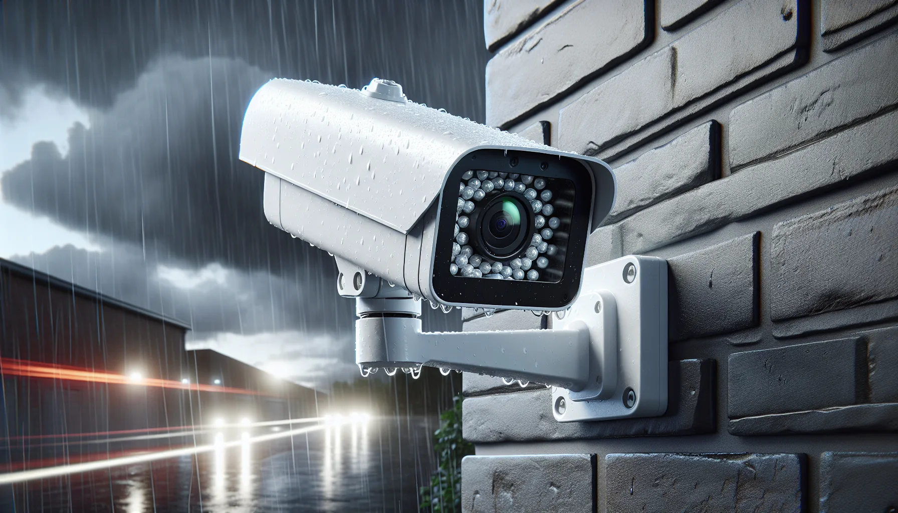 Security camera in rain showing weatherproof durability