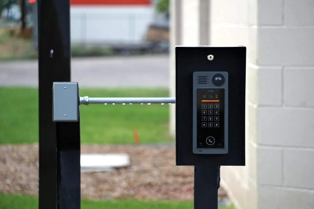 Smart home alarm system keypad on a wall