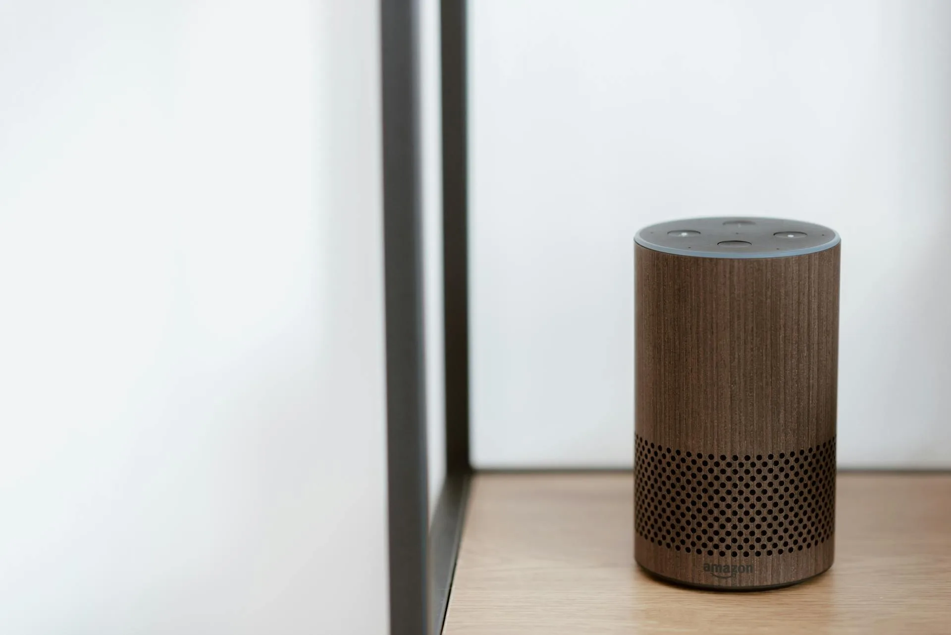 Smart speaker on a shelf used for voice control of lighting scenes