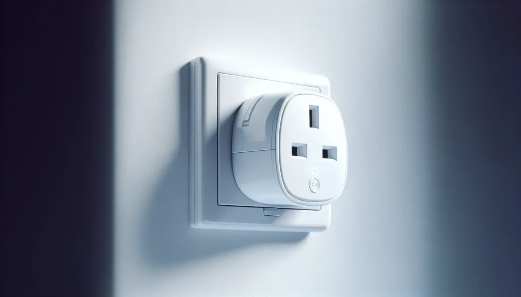 White UK smart plug with LED indicator plugged into a British wall socket
